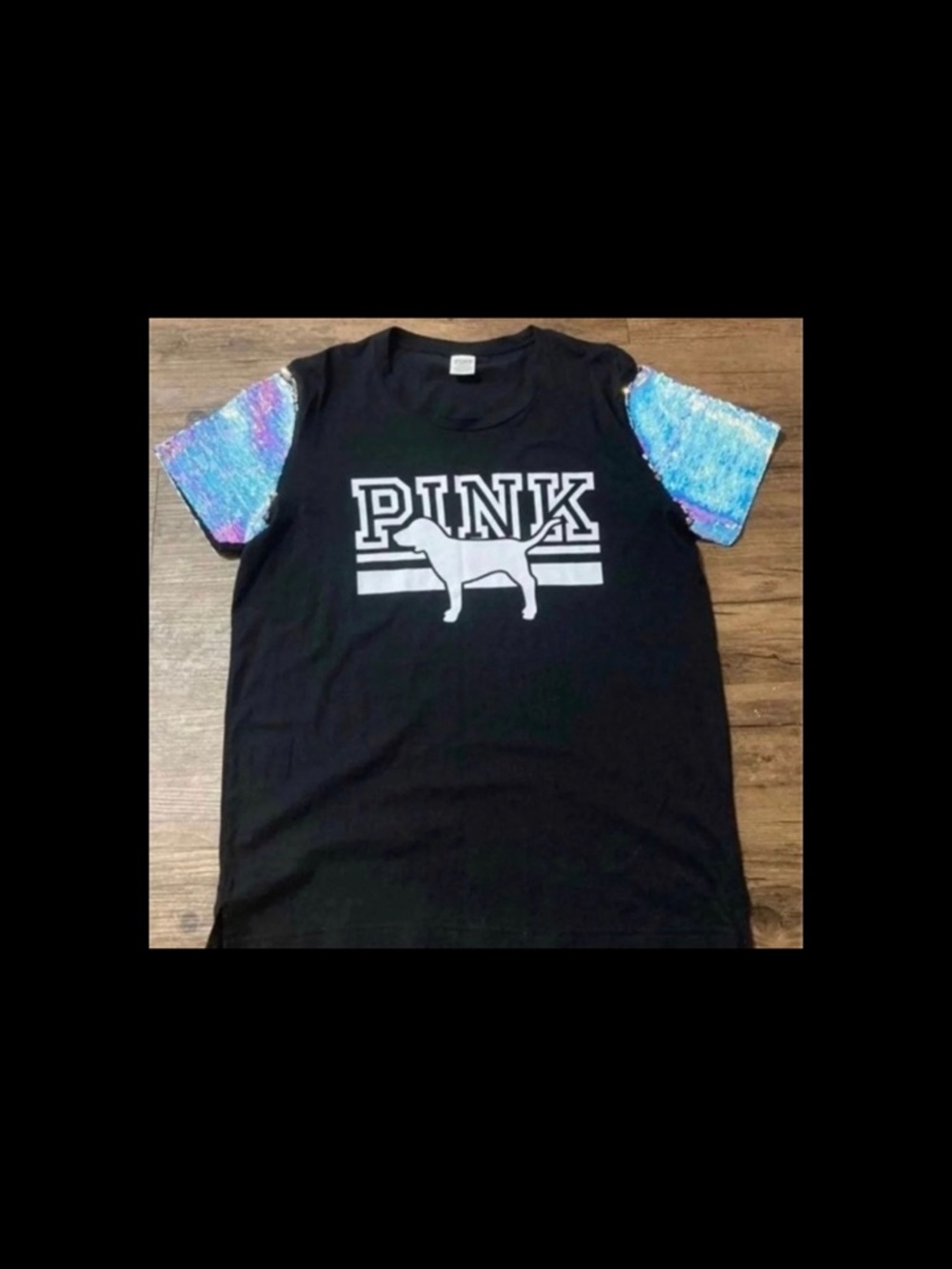 PINK Victoria's Secret Black Tee with Iridescent Blue-Purple Sequin Sleeves